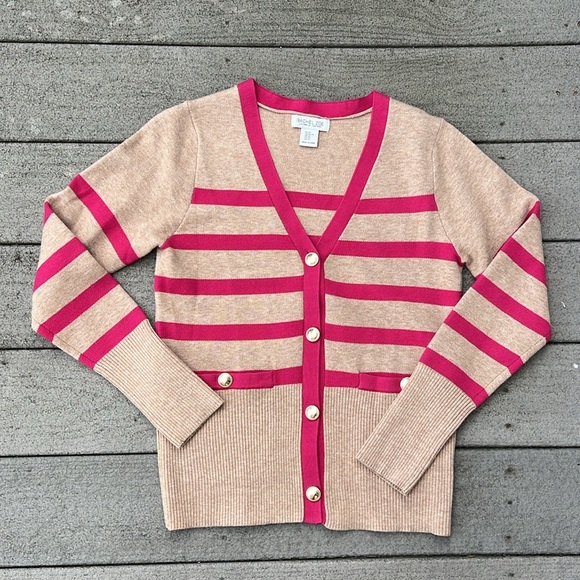 Rachel Zoe Camel/Pink Striped V-Neck Cardigan Sweater Size XS - Picture 1 of 10